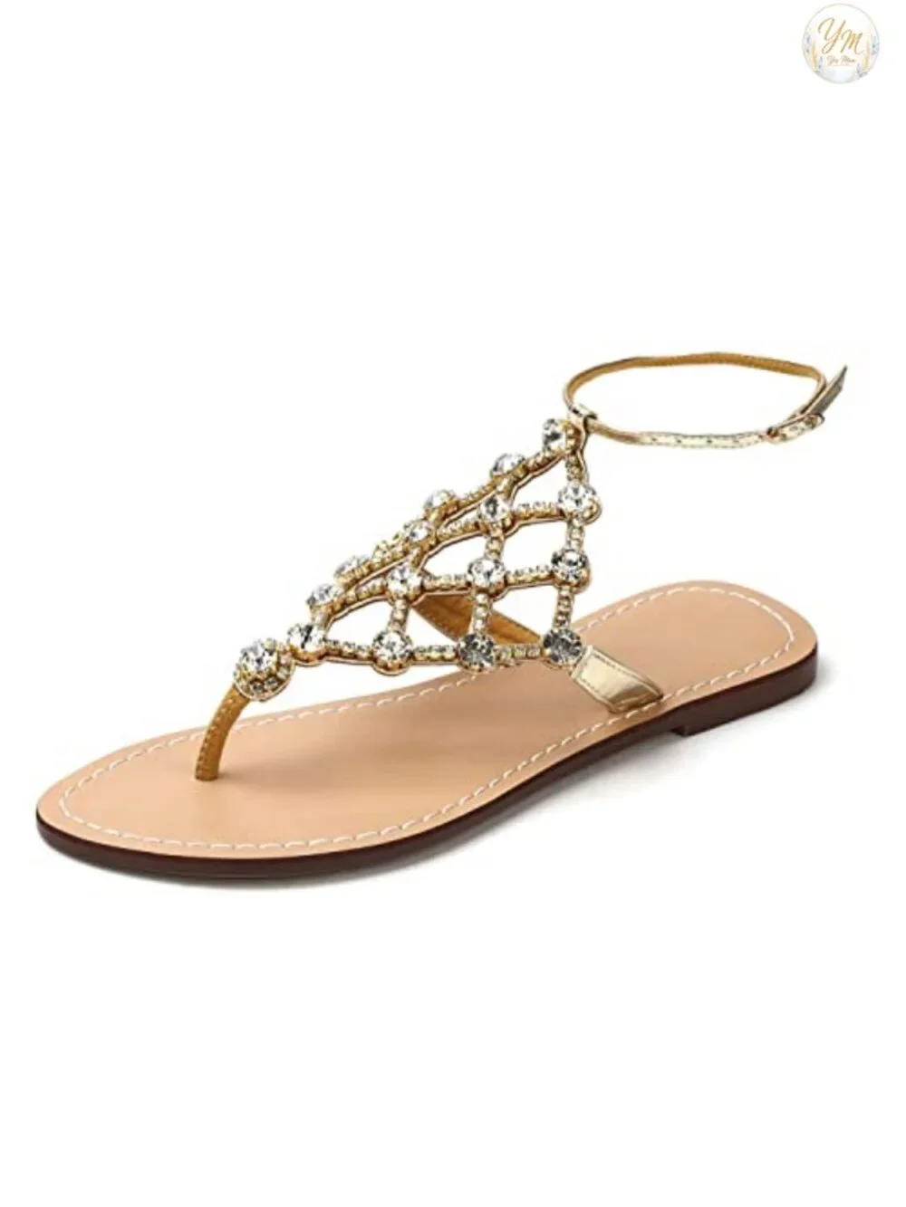 Rhinestone Crystal Flat Thong Sandals T-Strap Wedding Shoes Leather Insole